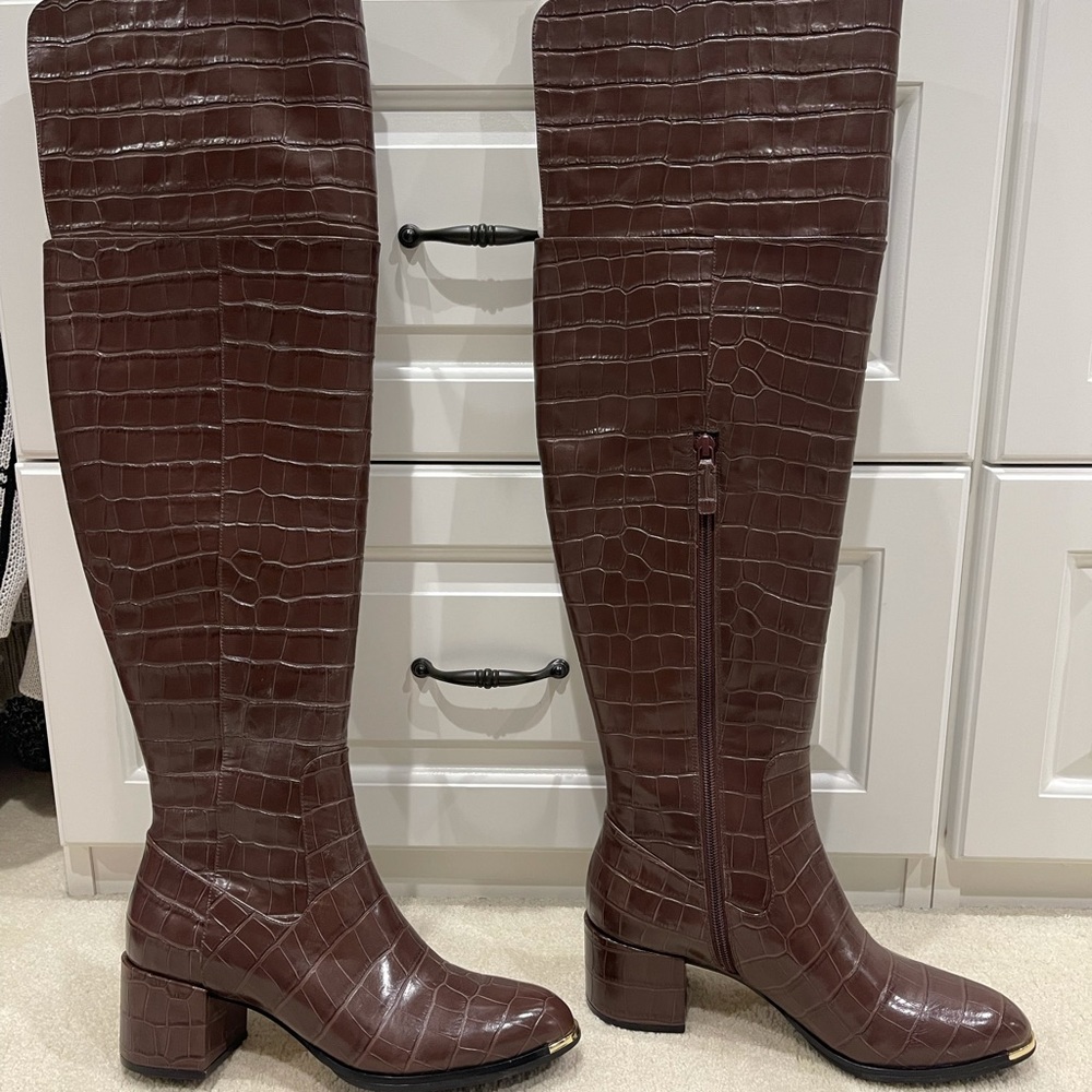 Cole Haan Chocolate Brown Croc Heeled Over The Knee Boot